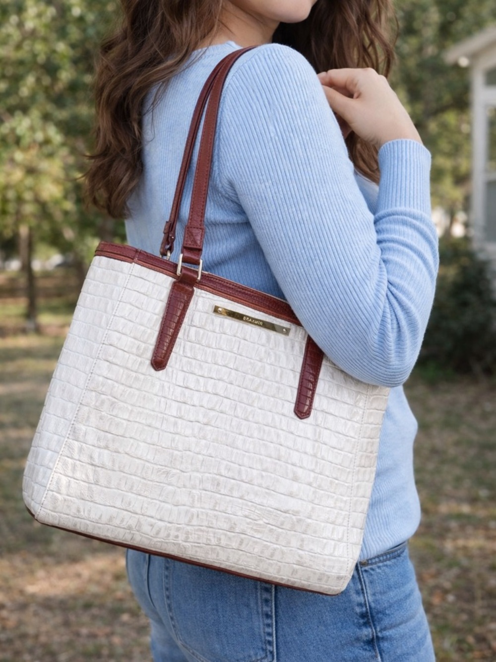 Brahmin White Croc-Embossed Tote with Burgundy Trim